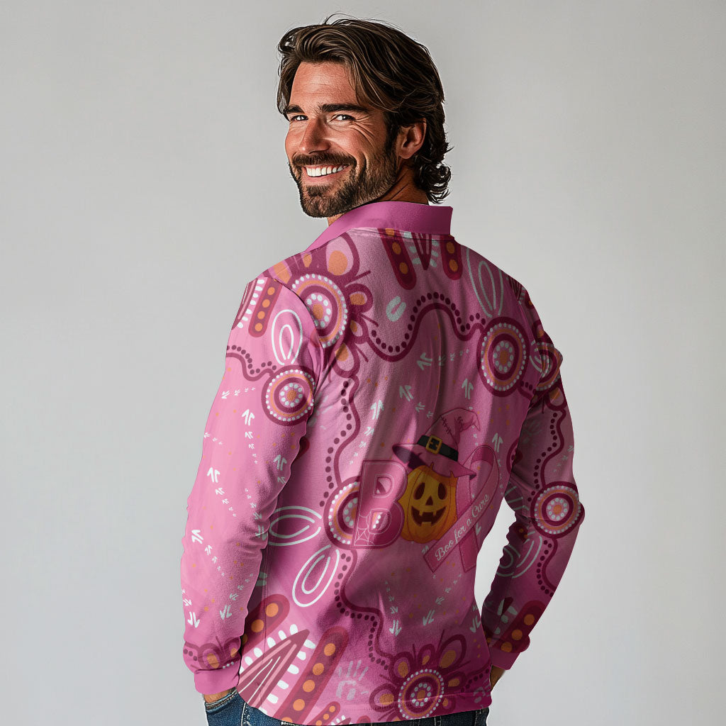 Boo for a Cure Pink Ghost Long Sleeve Polo Shirt Aboriginal Halloween Wear Pink