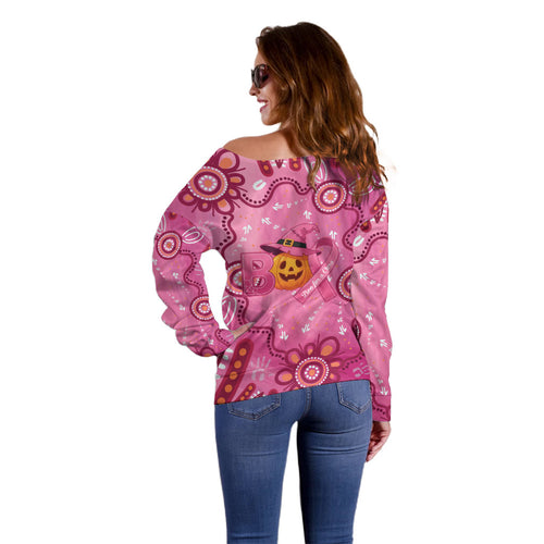 Boo for a Cure Pink Ghost Off Shoulder Sweater Aboriginal Halloween Wear Pink