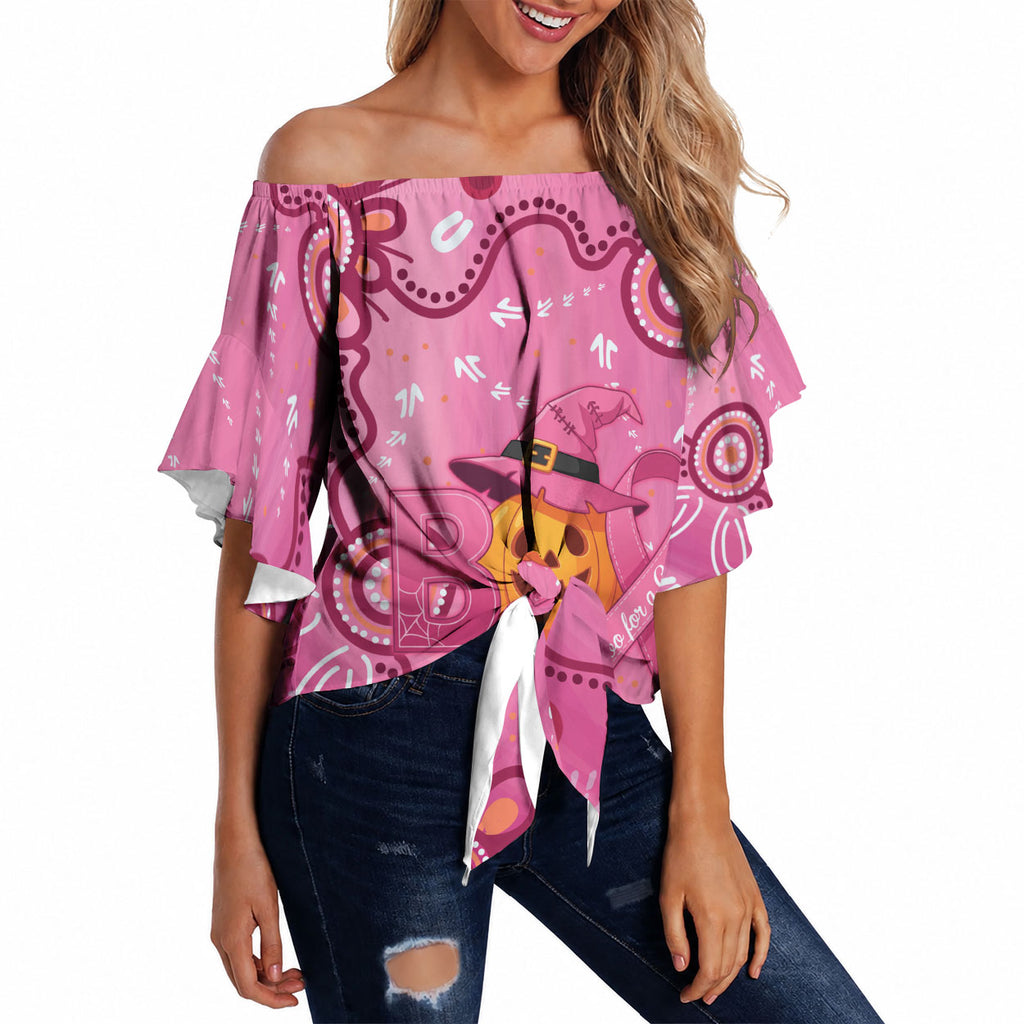 Boo for a Cure Pink Ghost Off Shoulder Wrap Waist Top Aboriginal Halloween Wear Pink