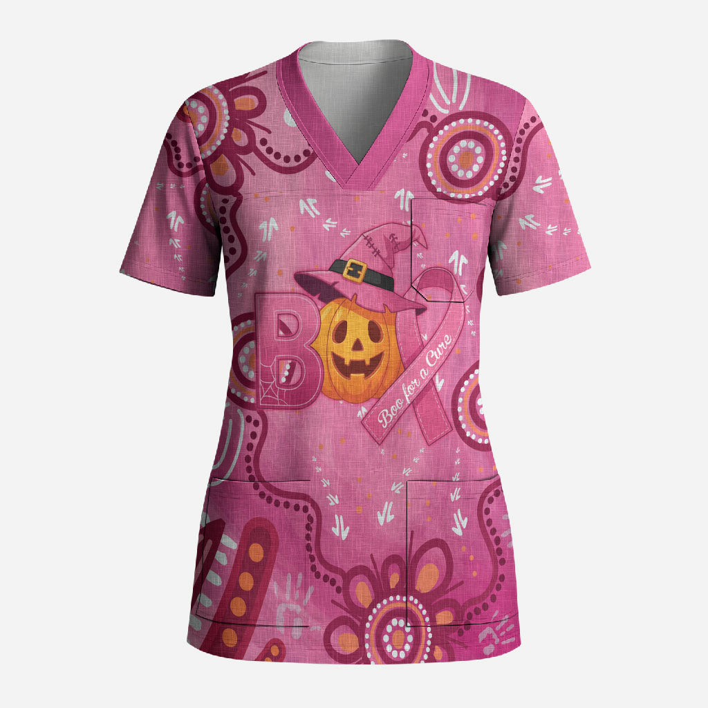 Boo for a Cure Pink Ghost Scrub Top Aboriginal Halloween Wear Pink