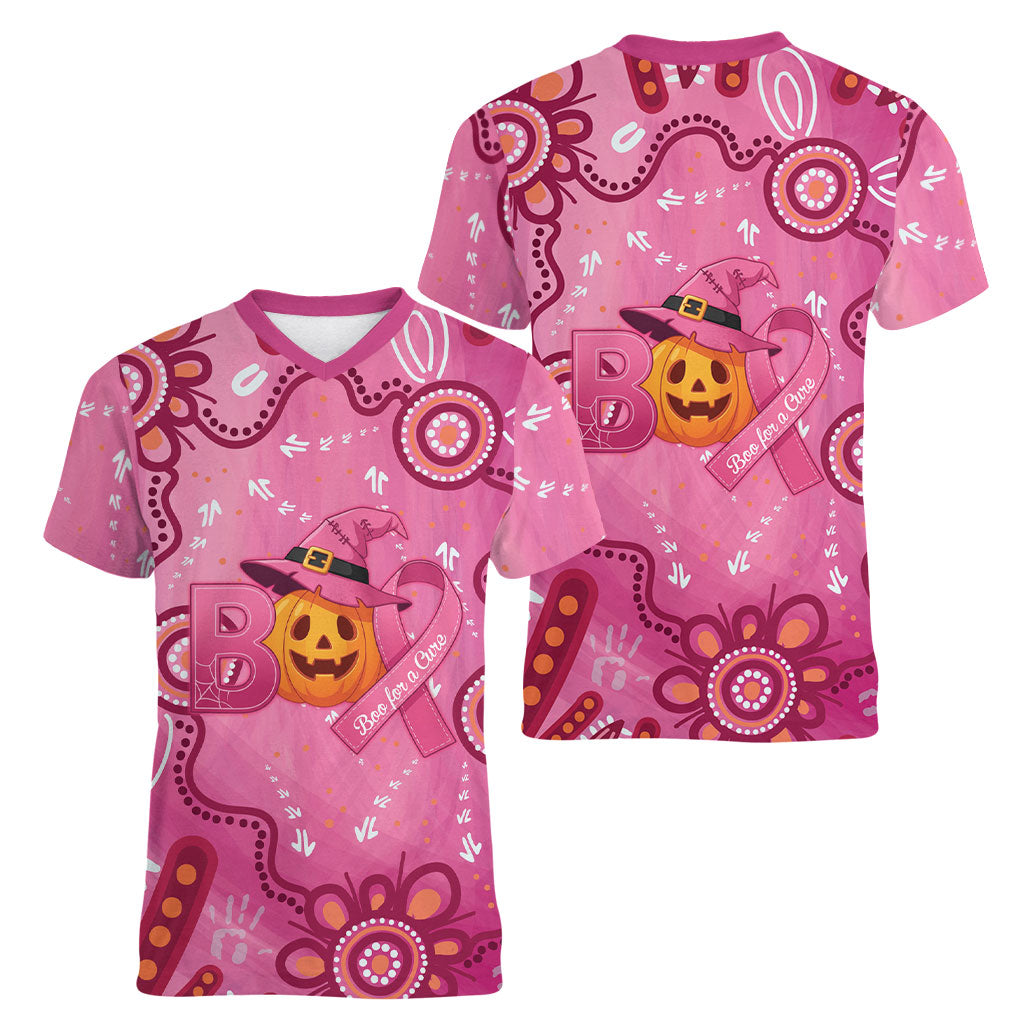 Boo for a Cure Pink Ghost Women V-Neck T-Shirt Aboriginal Halloween Wear Pink