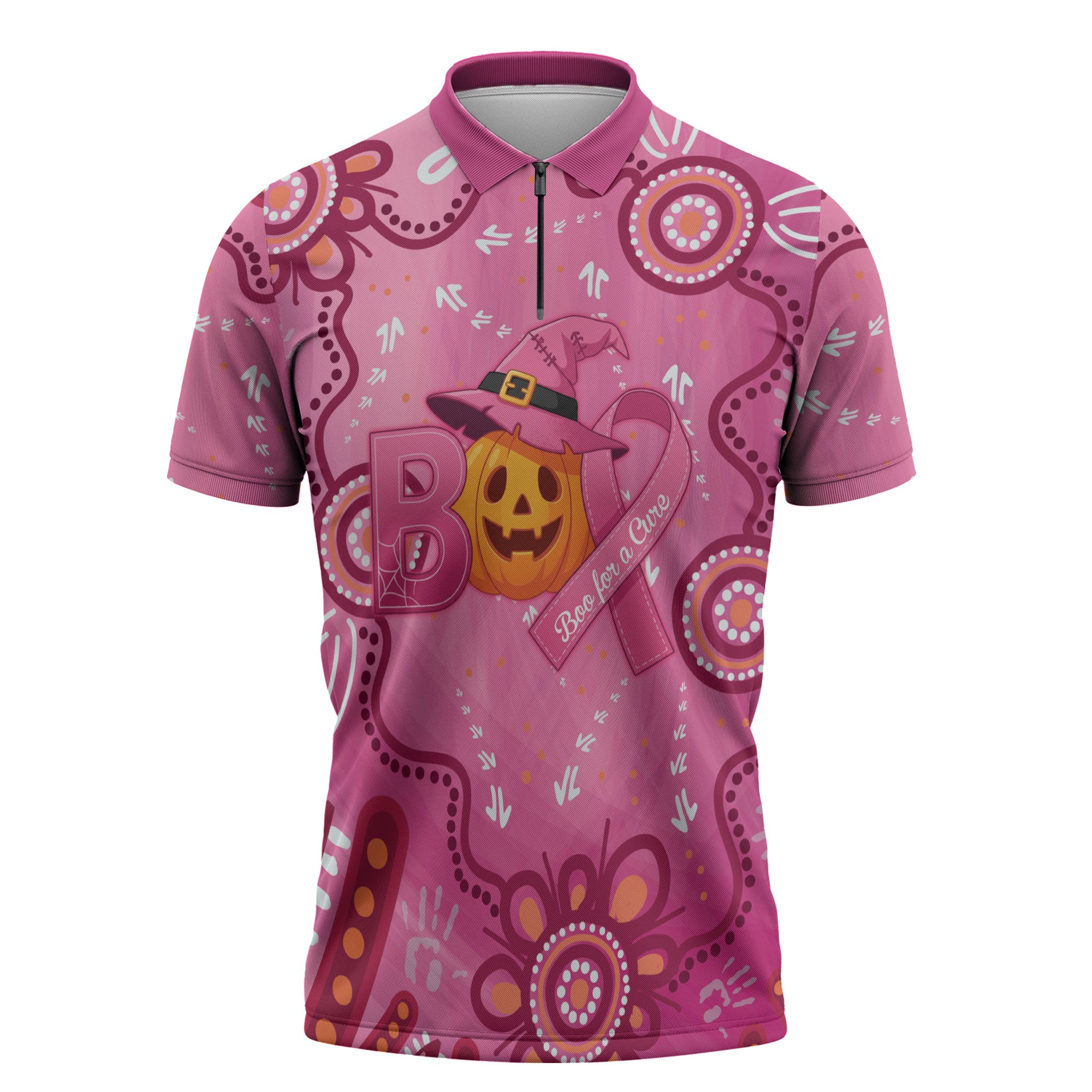 Boo for a Cure Pink Ghost Zipper Polo Shirt Aboriginal Halloween Wear Pink