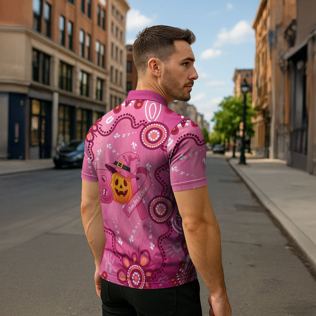 Boo for a Cure Pink Ghost Zipper Polo Shirt Aboriginal Halloween Wear Pink