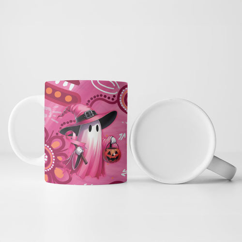 Pink Ghost Ribbon Ceramic Mug Aboriginal Halloween Wear Pink