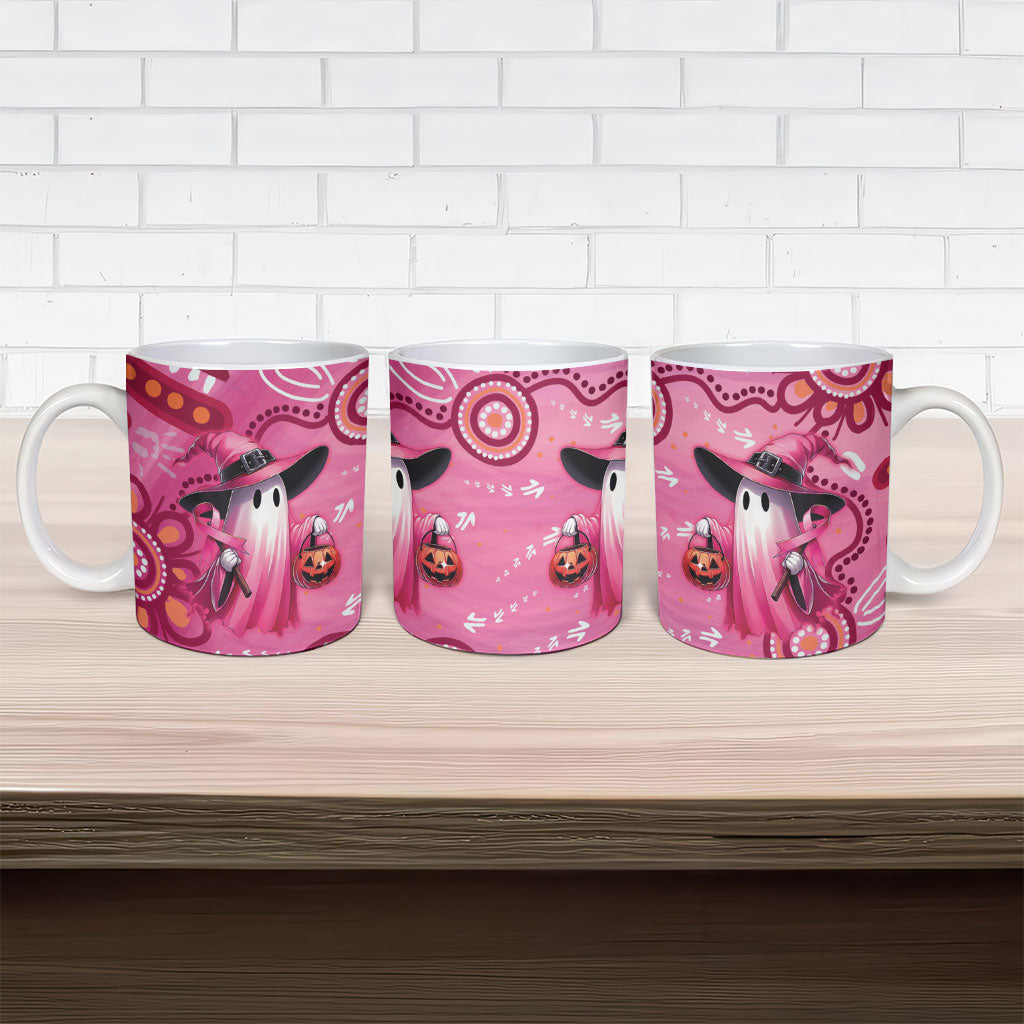 Pink Ghost Ribbon Ceramic Mug Aboriginal Halloween Wear Pink