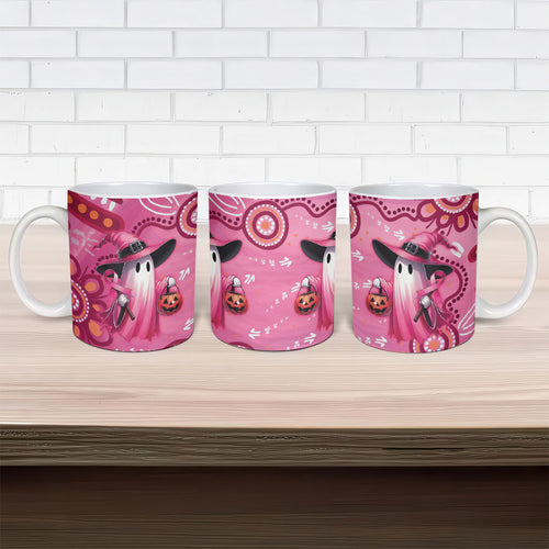 Pink Ghost Ribbon Ceramic Mug Aboriginal Halloween Wear Pink