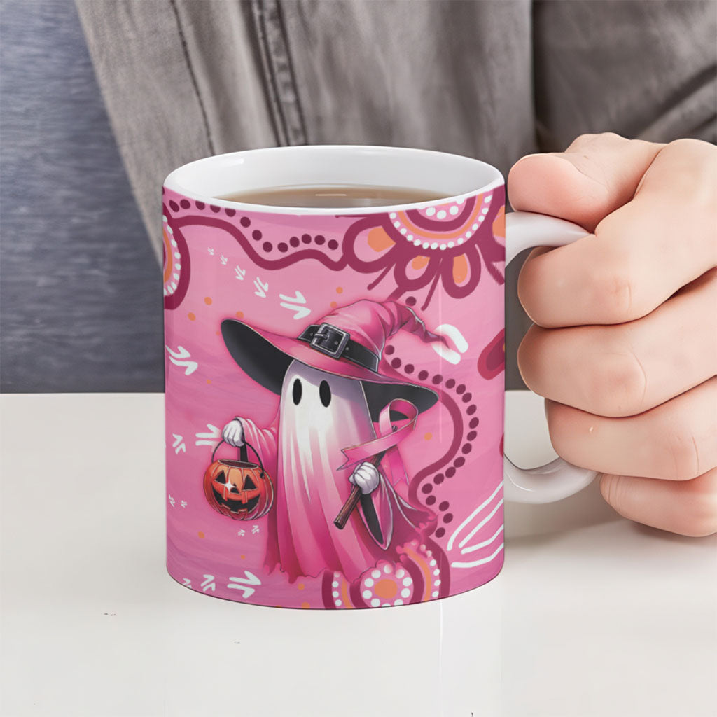 Pink Ghost Ribbon Ceramic Mug Aboriginal Halloween Wear Pink