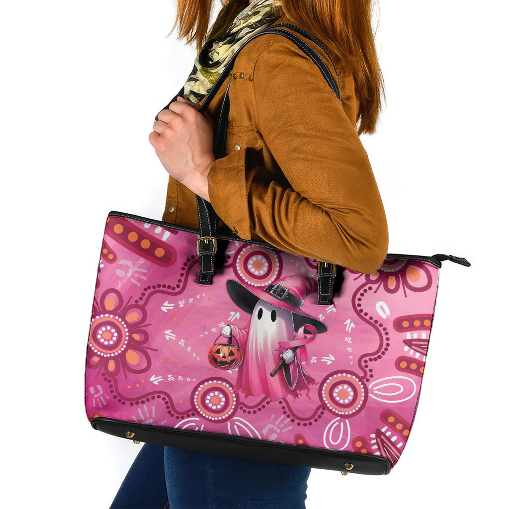 Pink Ghost Ribbon Leather Tote Bag Aboriginal Halloween Wear Pink