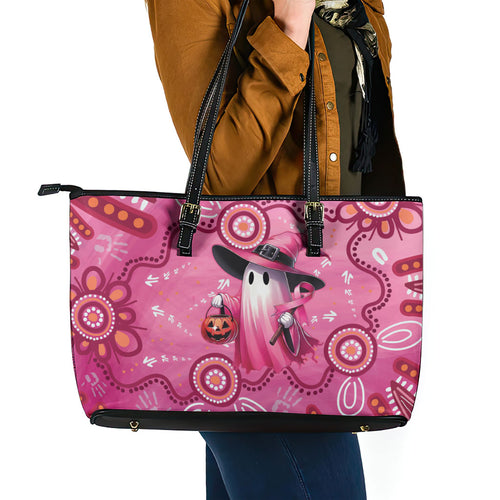 Pink Ghost Ribbon Leather Tote Bag Aboriginal Halloween Wear Pink