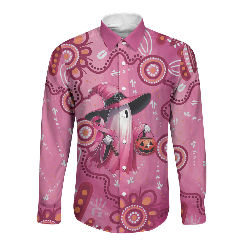 Pink Ghost Ribbon Long Sleeve Button Shirt Aboriginal Halloween Wear Pink