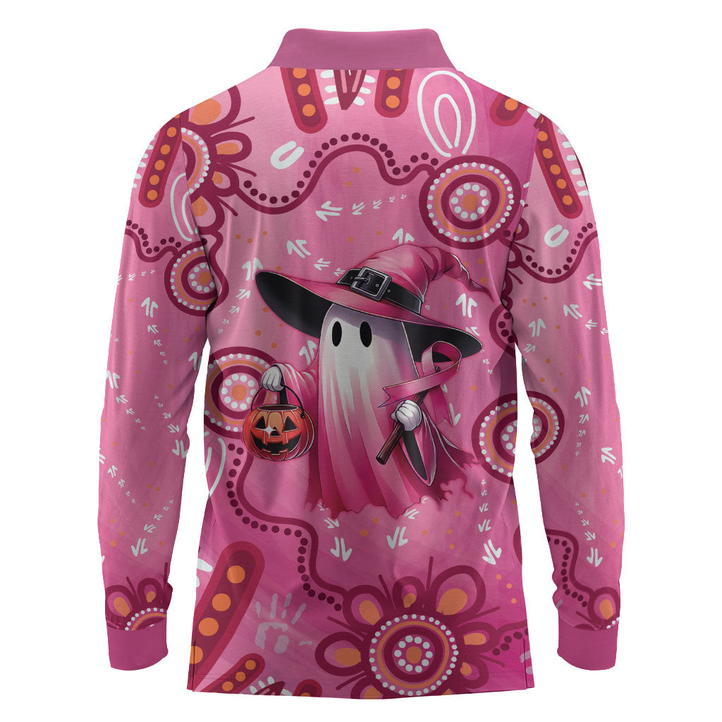 Pink Ghost Ribbon Long Sleeve Polo Shirt Aboriginal Halloween Wear Pink