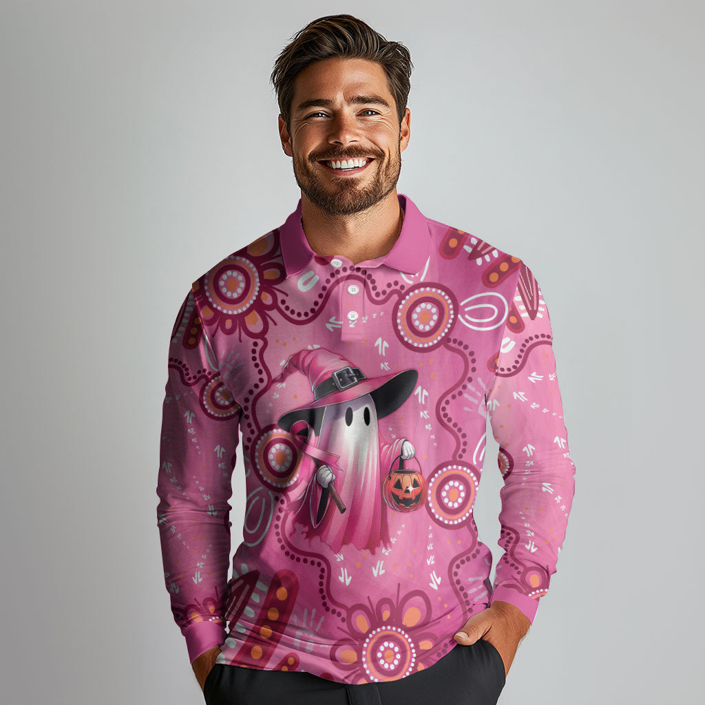 Pink Ghost Ribbon Long Sleeve Polo Shirt Aboriginal Halloween Wear Pink