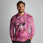 Pink Ghost Ribbon Long Sleeve Polo Shirt Aboriginal Halloween Wear Pink