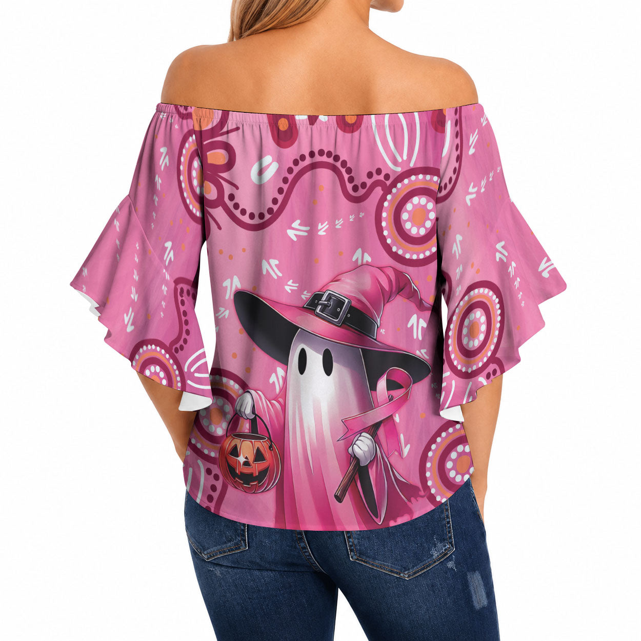 Pink Ghost Ribbon Off Shoulder Wrap Waist Top Aboriginal Halloween Wear Pink