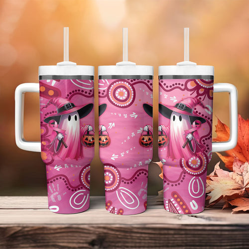 Pink Ghost Ribbon Tumbler With Handle Aboriginal Halloween Wear Pink