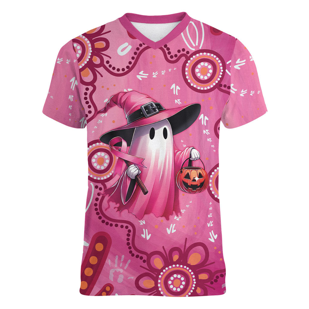 Pink Ghost Ribbon Women V-Neck T-Shirt Aboriginal Halloween Wear Pink