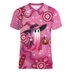 Pink Ghost Ribbon Women V-Neck T-Shirt Aboriginal Halloween Wear Pink