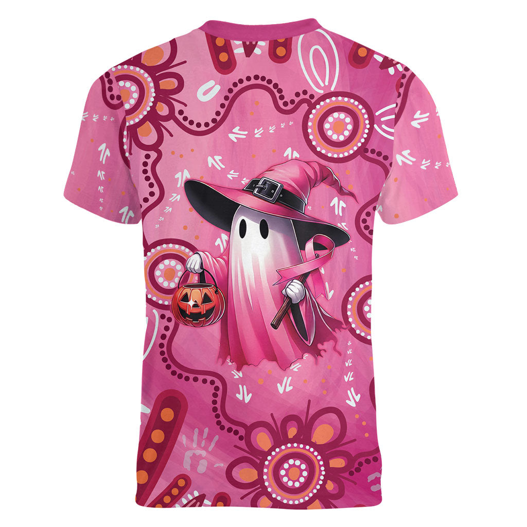 Pink Ghost Ribbon Women V-Neck T-Shirt Aboriginal Halloween Wear Pink