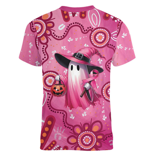 Pink Ghost Ribbon Women V-Neck T-Shirt Aboriginal Halloween Wear Pink