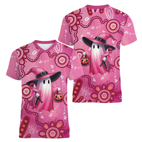 Pink Ghost Ribbon Women V-Neck T-Shirt Aboriginal Halloween Wear Pink