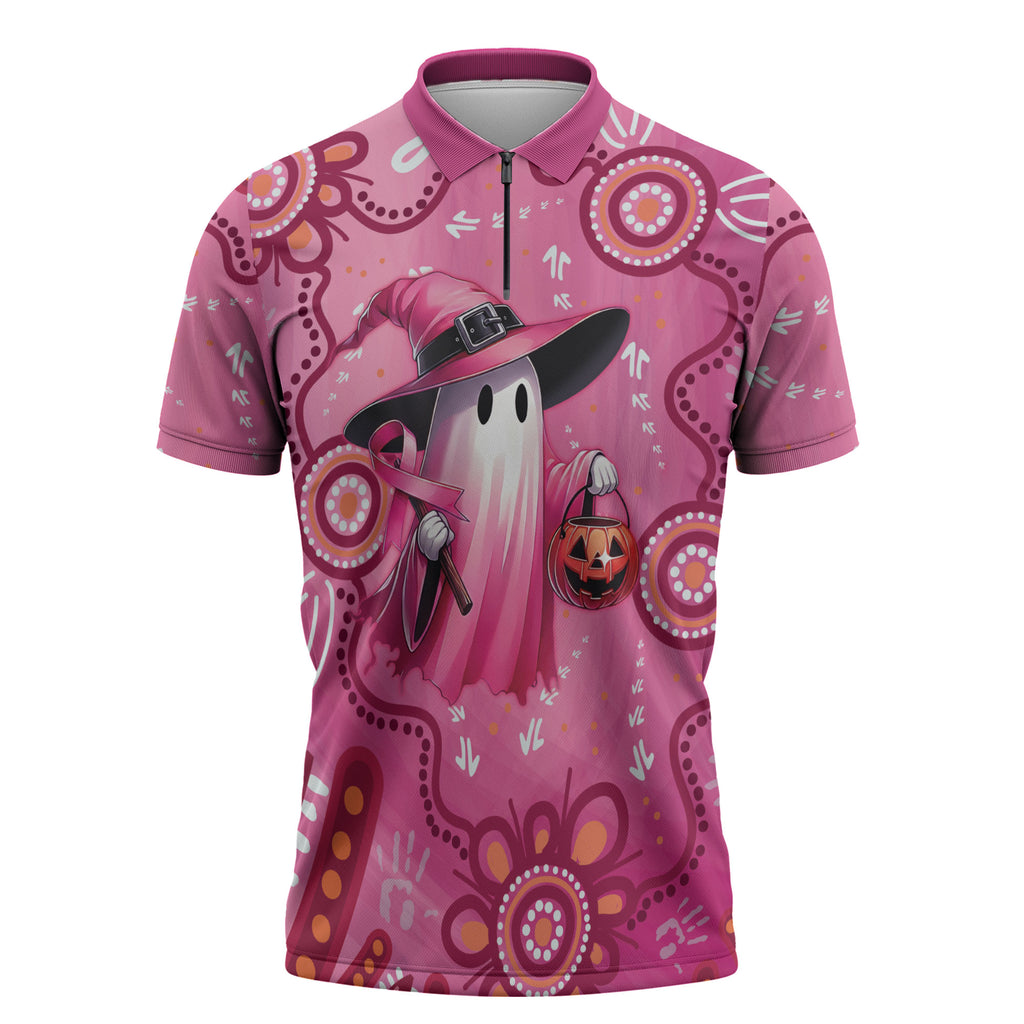 Pink Ghost Ribbon Zipper Polo Shirt Aboriginal Halloween Wear Pink