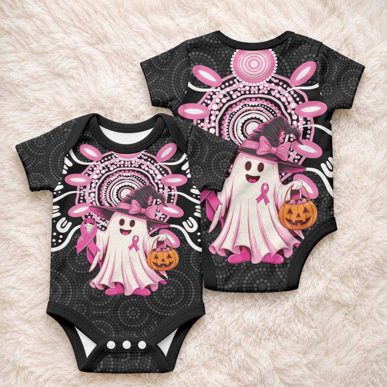 Spooky Pink Ghost Baby Onesie Aboriginal Halloween Wear Pink