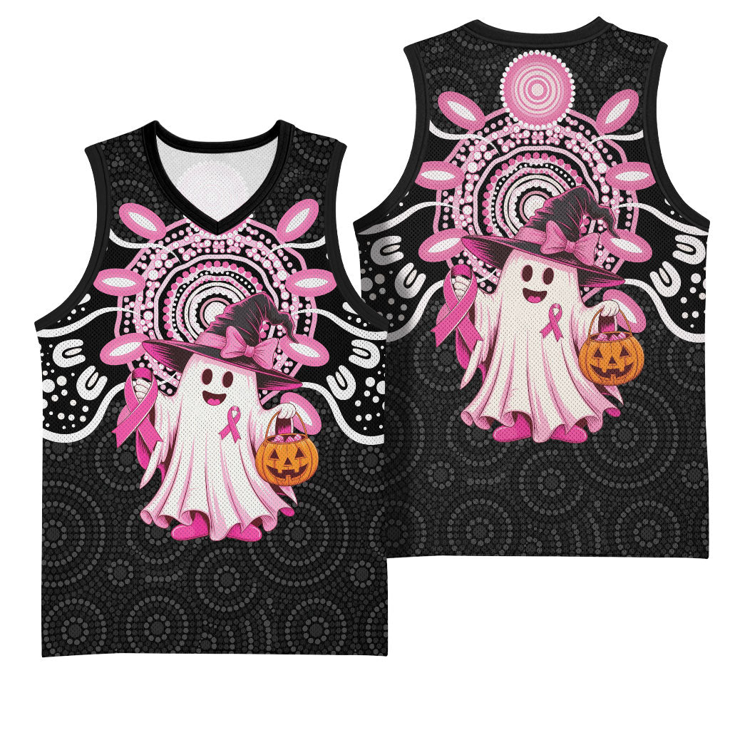 Spooky Pink Ghost Basketball Jersey Aboriginal Halloween Wear Pink