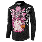 Spooky Pink Ghost Button Sweatshirt Aboriginal Halloween Wear Pink