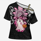 Spooky Pink Ghost Cross Shoulder Shirt Aboriginal Halloween Wear Pink