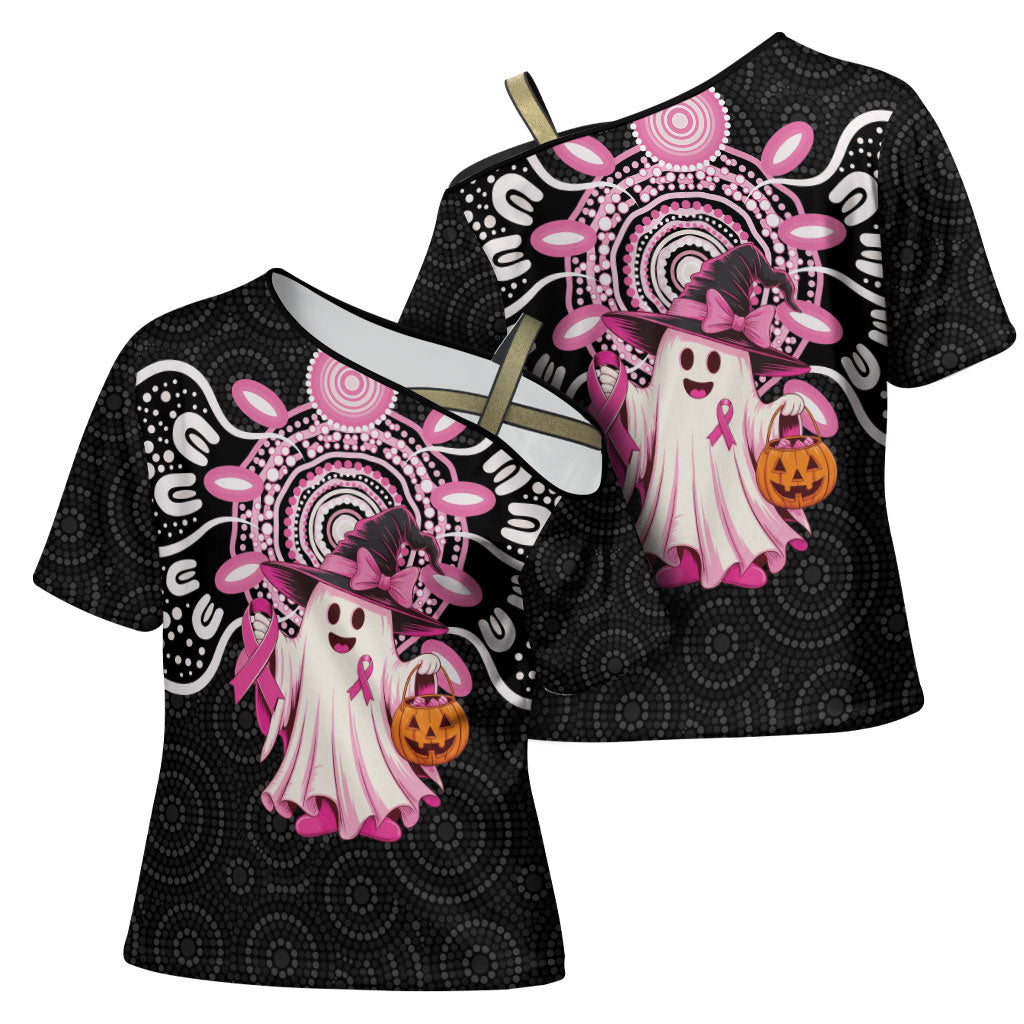 Spooky Pink Ghost Cross Shoulder Shirt Aboriginal Halloween Wear Pink