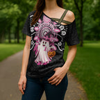 Spooky Pink Ghost Cross Shoulder Shirt Aboriginal Halloween Wear Pink
