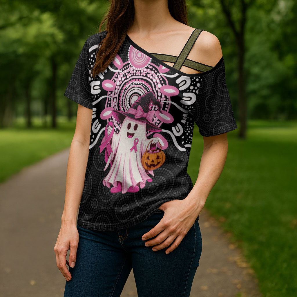 Spooky Pink Ghost Cross Shoulder Shirt Aboriginal Halloween Wear Pink