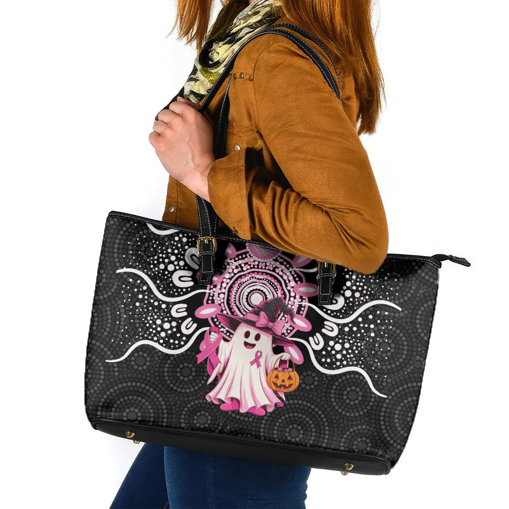 Spooky Pink Ghost Leather Tote Bag Aboriginal Halloween Wear Pink