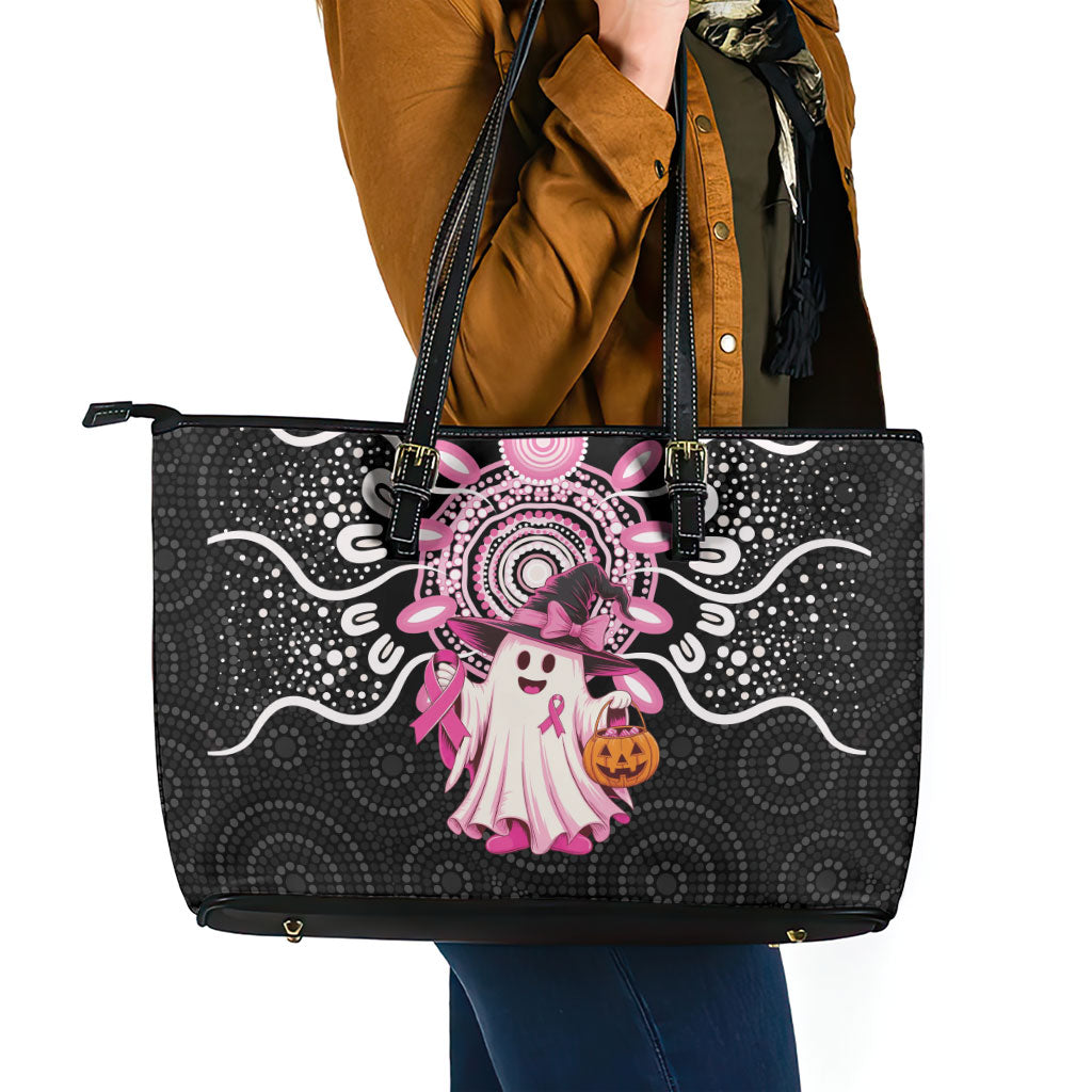 Spooky Pink Ghost Leather Tote Bag Aboriginal Halloween Wear Pink