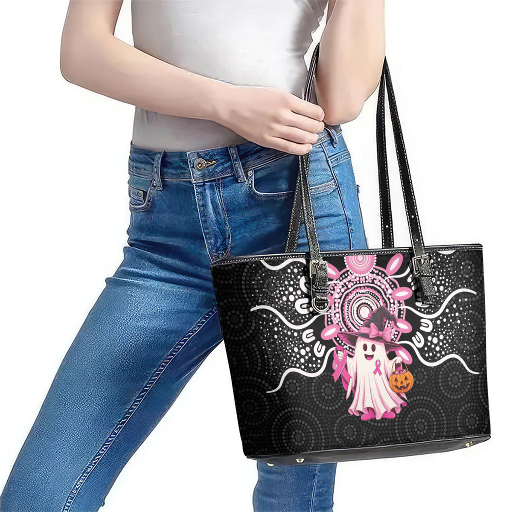 Spooky Pink Ghost Leather Tote Bag Aboriginal Halloween Wear Pink