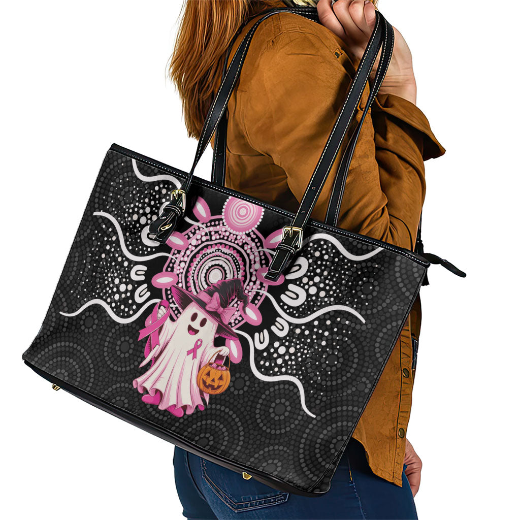 Spooky Pink Ghost Leather Tote Bag Aboriginal Halloween Wear Pink