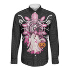 Spooky Pink Ghost Long Sleeve Button Shirt Aboriginal Halloween Wear Pink