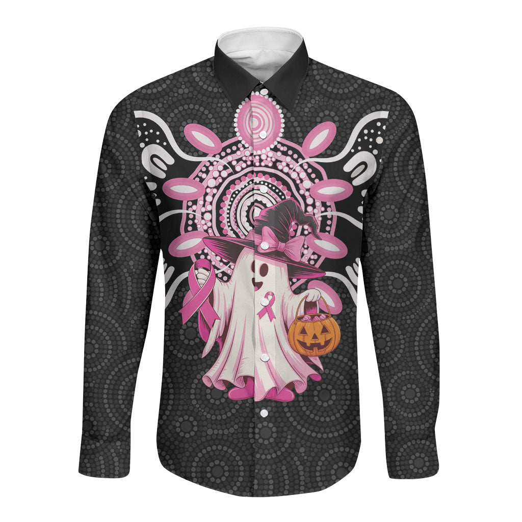 Spooky Pink Ghost Long Sleeve Button Shirt Aboriginal Halloween Wear Pink
