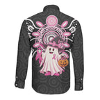Spooky Pink Ghost Long Sleeve Button Shirt Aboriginal Halloween Wear Pink