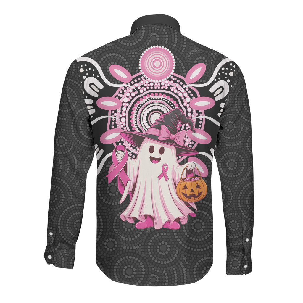 Spooky Pink Ghost Long Sleeve Button Shirt Aboriginal Halloween Wear Pink