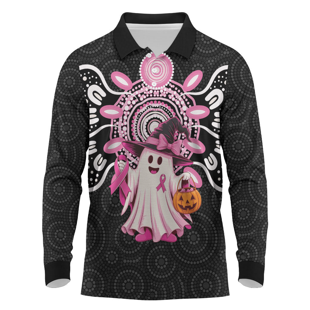 Spooky Pink Ghost Long Sleeve Polo Shirt Aboriginal Halloween Wear Pink