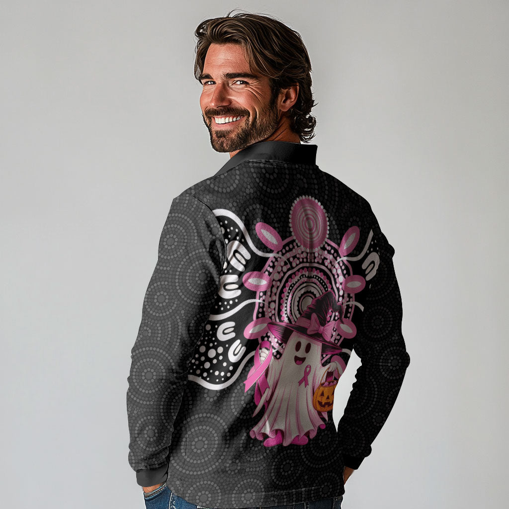 Spooky Pink Ghost Long Sleeve Polo Shirt Aboriginal Halloween Wear Pink