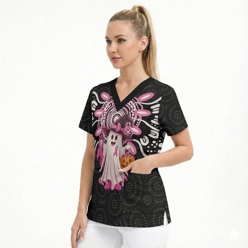 Spooky Pink Ghost Scrub Top Aboriginal Halloween Wear Pink