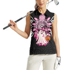 Spooky Pink Ghost Women Sleeveless Polo Shirt Aboriginal Halloween Wear Pink