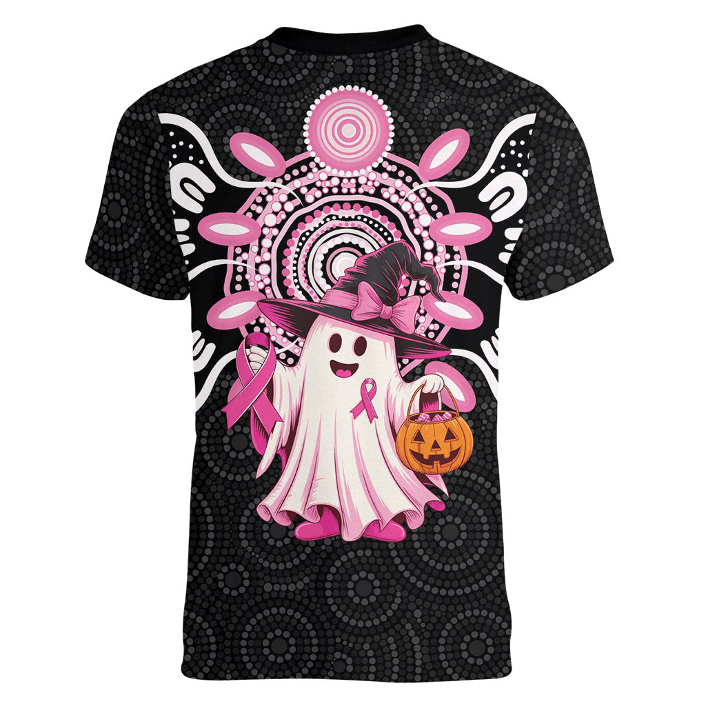Spooky Pink Ghost Women V-Neck T-Shirt Aboriginal Halloween Wear Pink