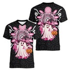 Spooky Pink Ghost Women V-Neck T-Shirt Aboriginal Halloween Wear Pink