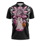 Spooky Pink Ghost Zipper Polo Shirt Aboriginal Halloween Wear Pink