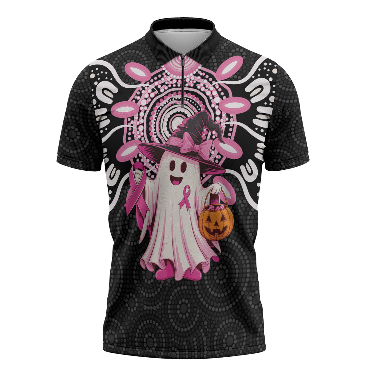 Spooky Pink Ghost Zipper Polo Shirt Aboriginal Halloween Wear Pink