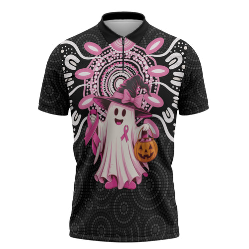 Spooky Pink Ghost Zipper Polo Shirt Aboriginal Halloween Wear Pink