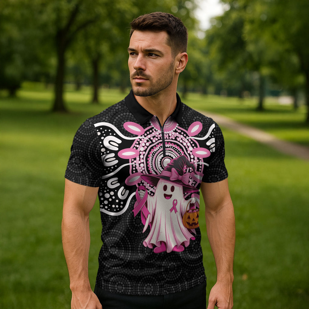 Spooky Pink Ghost Zipper Polo Shirt Aboriginal Halloween Wear Pink